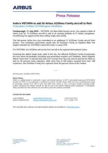 India’s VISTARA to add 50 Airbus A320neo Family aircraft to fleet