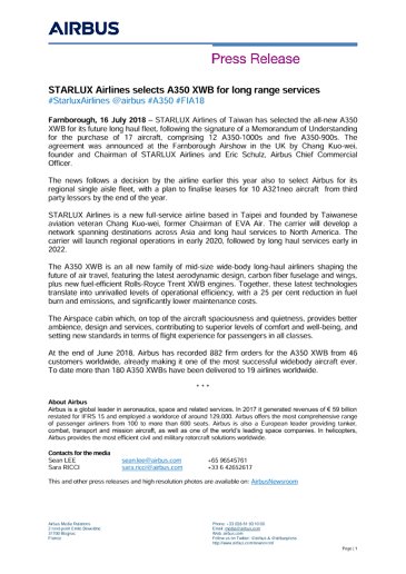 STARLUX Airlines selects A350 XWB for long range services