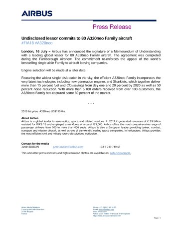 Undisclosed lessor commits to 80 A320neo Family aircraft