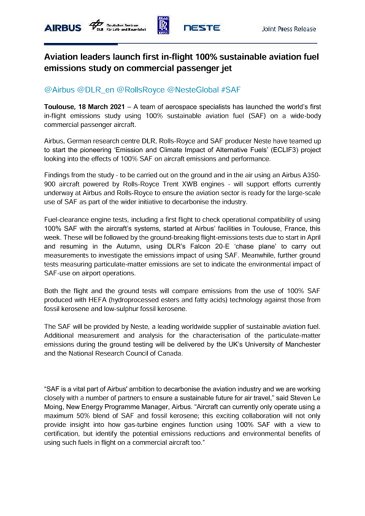 Aviation leaders launch first in-flight 100% sustainable aviation fuel emissions study on commercial passenger jet