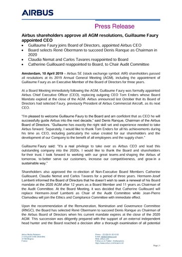 Airbus shareholders approve all AGM resolutions, Guillaume Faury appointed CEO