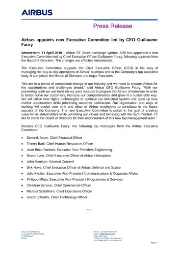 Airbus appoints new Executive Committee led by CEO Guillaume Faury