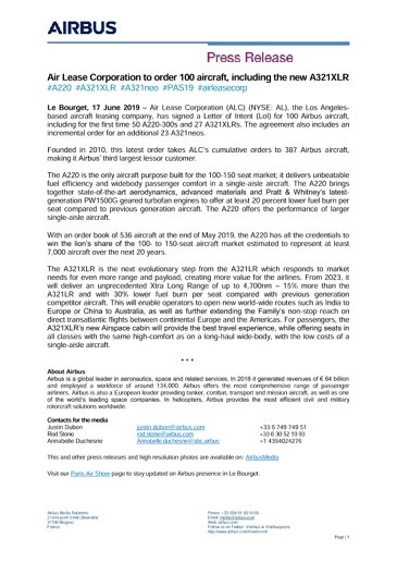 Air Lease Corporation to order 100 aircraft, including the new A321XLR