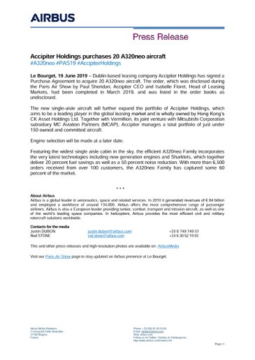 Accipiter Holdings purchases 20 A320neo aircraft