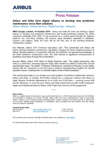 Airbus and Delta form digital alliance to develop new predictive maintenance cross-fleet solutions