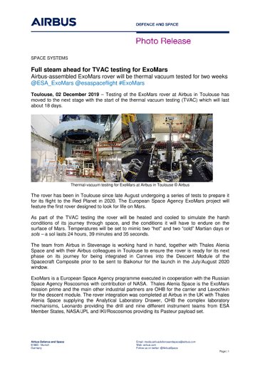 Full steam ahead for TVAC testing for ExoMars 