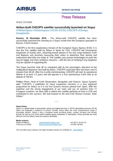 Airbus-built CHEOPS satellite successfully launched on Soyuz