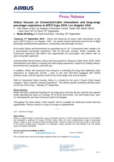 Airbus focuses on Connected-Cabin innovations and long-range passenger experience at APEX Expo 2019, Los Angeles USA