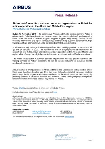Airbus reinforces its customer services organisation in Dubai for airline operators in the Africa and Middle East region