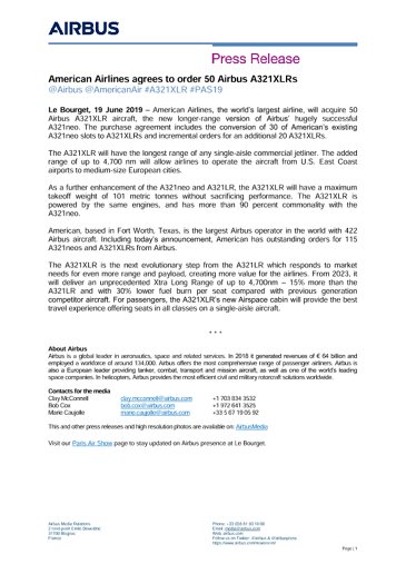 American Airlines agrees to order 50 Airbus A321XLRs