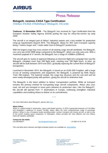 BelugaXL receives EASA Type Certification 