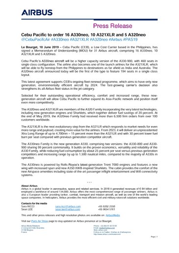 Cebu Pacific to order 16 A330neo, 10 A321XLR and 5 A320neo