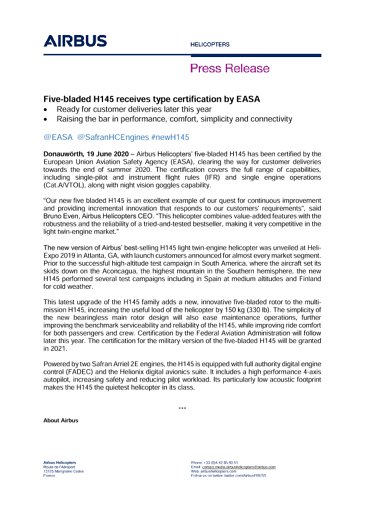 Five-bladed H145 receives type certification by EASA