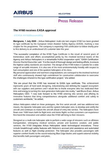 The H160 receives EASA approval