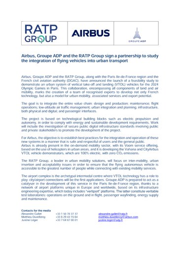 Airbus, Groupe ADP and the RATP Group sign a partnership