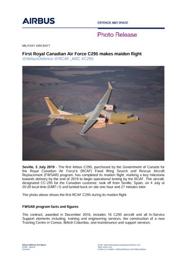 First Royal Canadian Air Force C295 makes maiden flight