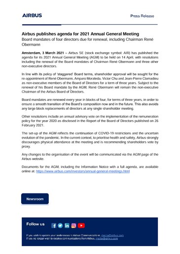 Airbus publishes agenda for 2021 Annual General Meeting