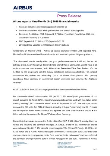 Airbus reports Nine-Month (9m) 2018 financial results