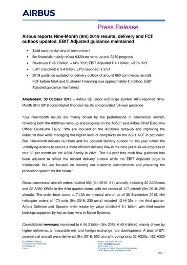 Airbus reports Nine-Month (9m) 2019 results; delivery and FCF outlook updated, EBIT Adjusted guidance maintained