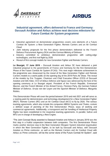 Industrial agreement, offers delivered to France and Germany: Dassault Aviation and Airbus achieve next decisive milestone for Future Combat Air System programme 
