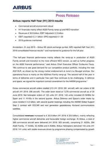 Airbus reports Half-Year (H1) 2019 results