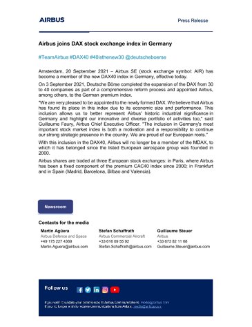 Airbus joins DAX stock exchange index in Germany