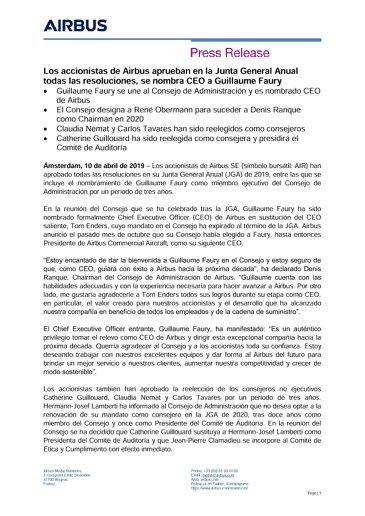 Los accionistas de Airbus aprueban en la Junta General Anual todas las resoluciones, se nombra CEO a Guillaume Faury