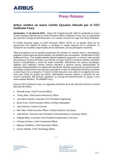 Airbus nombra un nuevo Comité Ejecutivo liderado por el CEO Guillaume Faury