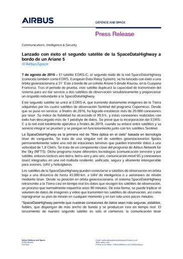 Lanzado con éxito el segundo satélite de la SpaceDataHighway a bordo de un Ariane 5