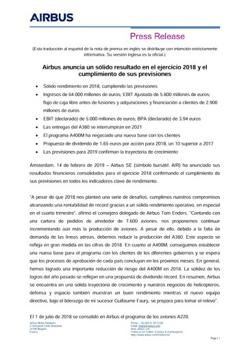Airbus reports strong Full-Year 2018 results, delivers on guidance 