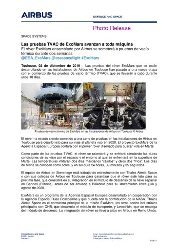 Las pruebas TVAC de ExoMars avanzan a toda máquina