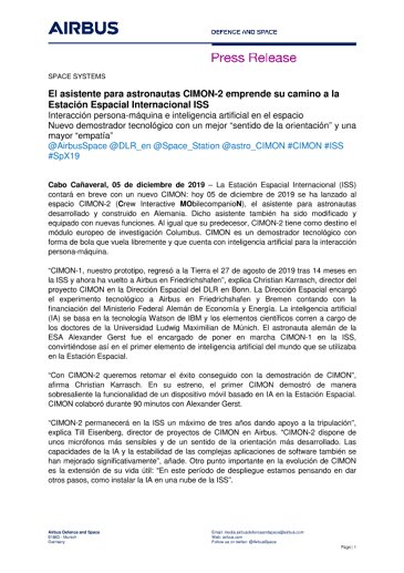 El asistente para astronautas CIMON-2 emprende su camino a la Estación Espacial Internacional ISS