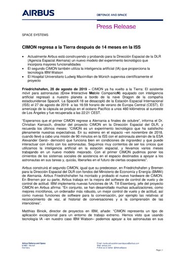 CIMON regresa a la Tierra después de 14 meses en la ISS