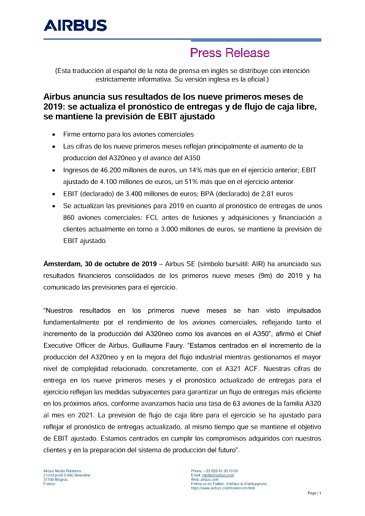Airbus anuncia sus resultados de los nueve primeros meses de 2019: se actualiza el pronóstico de entregas y de flujo de caja libre, se mantiene la previsión de EBIT ajustado