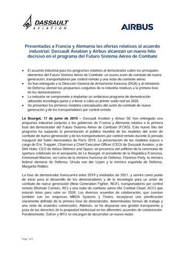 Presentadas a Francia y Alemania las ofertas relativas al acuerdo industrial: Dassault Aviation y Airbus alcanzan un nuevo hito decisivo en el programa del Futuro Sistema Aéreo de Combate