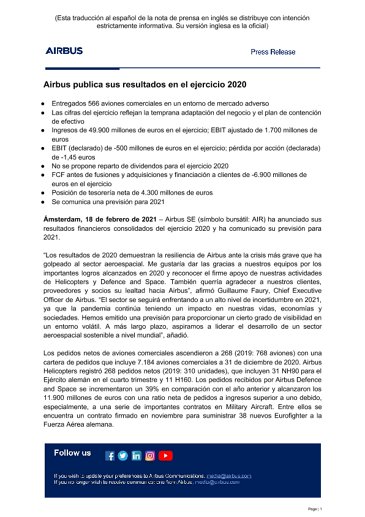 ES Press Release Airbus FY2020 Results