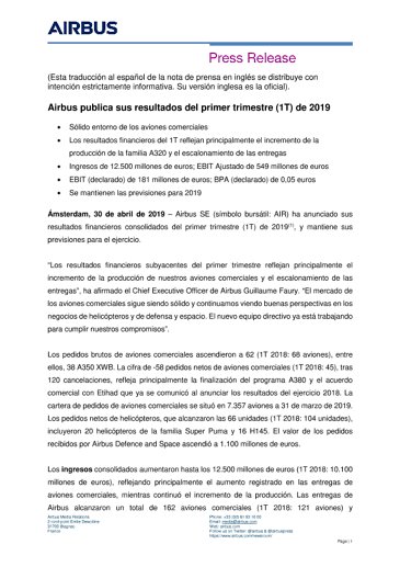 Airbus publica sus resultados del primer trimestre (1T) de 2019