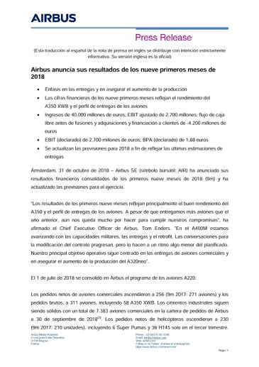 Airbus anuncia sus resultados de los nueve primeros meses de 2018