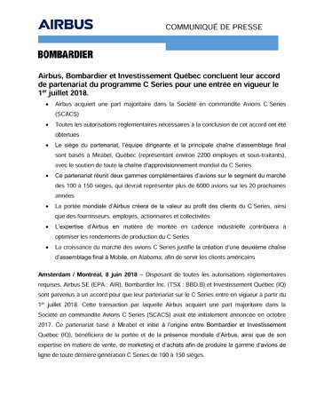 French - Airbus and Bombardier announce C Series Partnership July1