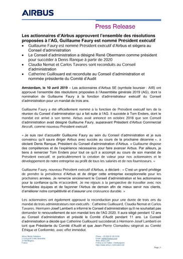 Les actionnaires d’Airbus approuvent l’ensemble des résolutions proposées à l’AG, Guillaume Faury est nommé Président exécutif