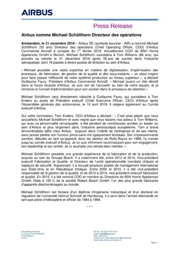 Airbus nomme Michael Schöllhorn Directeur des opérations