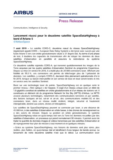 Lancement réussi pour le deuxième satellite SpaceDataHighway à bord d’Ariane 5