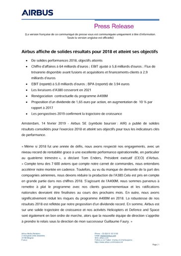 Airbus reports strong Full-Year 2018 results, delivers on guidance 