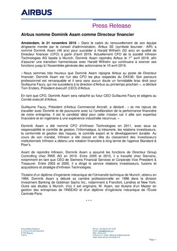 Airbus nomme Dominik Asam comme Directeur financier 