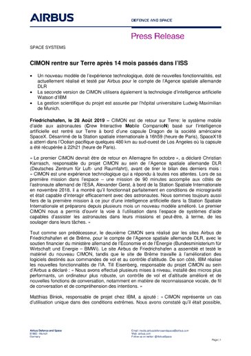 CIMON rentre sur Terre après 14 mois passés dans l’ISS