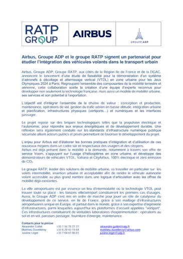 Airbus, Groupe ADP and the RATP Group sign a partnership