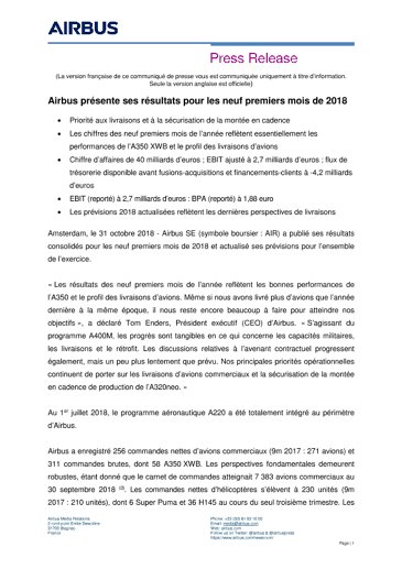 Airbus présente ses résultats pour les neuf premiers mois de 2018