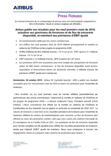 Airbus publie ses résultats pour les neuf premiers mois de 2019, actualise ses prévisions de livraisons et de flux de trésorerie disponible, et maintient ses prévisions d’EBIT ajusté