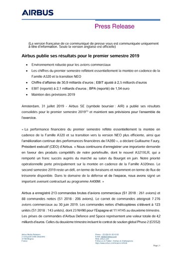 Airbus publie ses résultats pour le premier semestre 2019