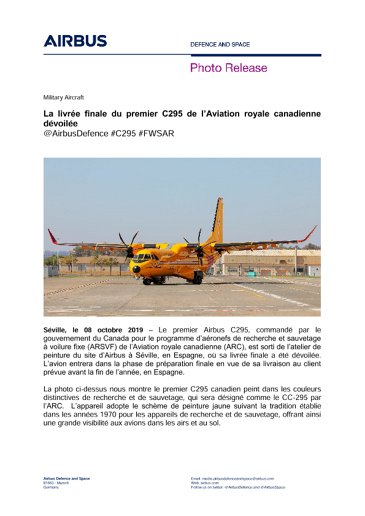 La livrée finale du premier C295 de l’Aviation royale canadienne dévoilée